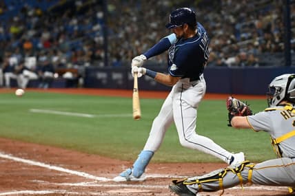 May 3, 2023; St. Petersburg, Florida, USA; Tampa Bay Rays right fielder Josh Lowe (15) hits a solo home run in the sixth inning against the Pittsburgh Pirates at Tropicana Field. Mandatory Credit: Jonathan Dyer-USA TODAY Sports