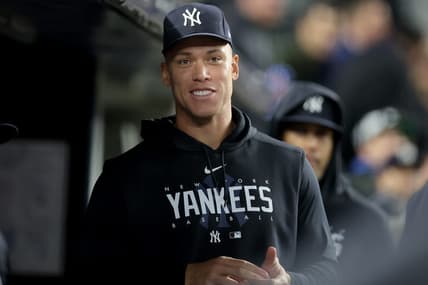 May 3, 2023; Bronx, New York, USA; New York Yankees injured outfielder Aaron Judge (99) in the dugout during the seventh inning against the Cleveland Guardians at Yankee Stadium. Mandatory Credit: Brad Penner-USA TODAY Sports