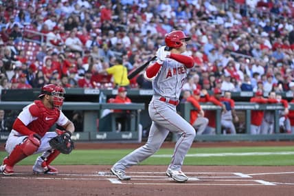 May 3, 2023; St. Louis, Missouri, USA;  Los Angeles Angels starting pitcher Shohei Ohtani (17) hits a single against the St. Louis Cardinals during the first inning at Busch Stadium. Mandatory Credit: Jeff Curry-USA TODAY Sports