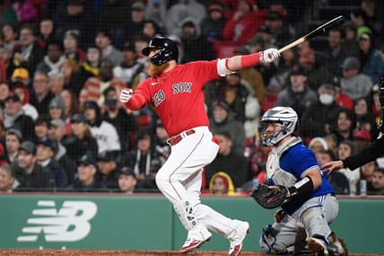 May 3, 2023; Boston, Massachusetts, USA; Boston Red Sox designated hitter Justin Turner (2) loads the bases against the Toronto Blue Jays during the fifth inning at Fenway Park. Mandatory Credit: Eric Canha-USA TODAY Sports