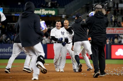May 3, 2023; Bronx, New York, USA; New York Yankees pinch hitter Jose Trevino (39) celebrates his tenth inning walkoff RBI single against the Cleveland Guardians with teammates at Yankee Stadium. Mandatory Credit: Brad Penner-USA TODAY Sports