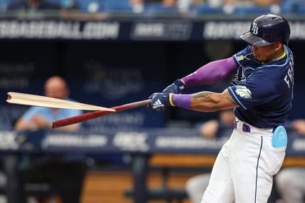 May 4, 2023; St. Petersburg, Florida, USA;  Tampa Bay Rays shortstop Wander Franco (5) breaks his bat against the Pittsburgh Pirates in the first inning at Tropicana Field. Mandatory Credit: Nathan Ray Seebeck-USA TODAY Sports