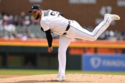May 4, 2023; Detroit, Michigan, USA; Detroit Tigers starting pitcher Eduardo Rodriguez (57) throws a pitch against the New York Mets in the second inning at Comerica Park. Mandatory Credit: Lon Horwedel-USA TODAY Sports