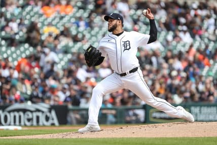 Tigers pitcher Eduardo Rodriguez delivers a pitch against the Mets during the third inning at Comerica Park on Thursday, May 4, 2023.