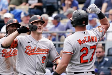 May 4, 2023; Kansas City, Missouri, USA; Baltimore Orioles third baseman Gunnar Henderson (2) celebrates with catcher James McCann (27) against the Kansas City Royals after hitting a two run home run in the third inning at Kauffman Stadium. Mandatory Credit: Denny Medley-USA TODAY Sports