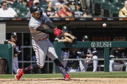 May 4, 2023; Chicago, Illinois, USA; Minnesota Twins shortstop Carlos Correa (4) hits a solo home run against the Chicago White Sox during the sixth inning at Guaranteed Rate Field. Mandatory Credit: Kamil Krzaczynski-USA TODAY Sports