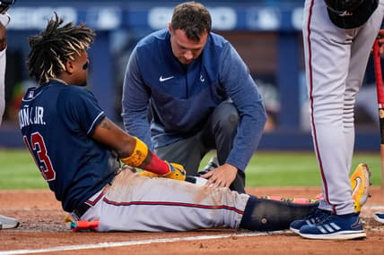 May 4, 2023; Miami, Florida, USA; Atlanta Braves right fielder Ronald Acuna Jr. (13) reacts after being struck by the ball against the Miami Marlins during the sixth inning at loanDepot Park. Mandatory Credit: Rich Storry-USA TODAY Sports