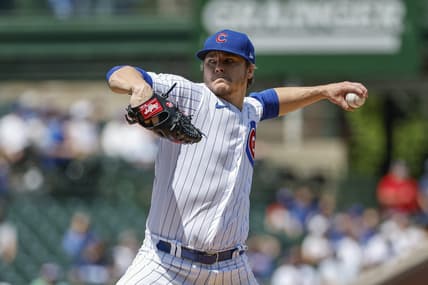 May 5, 2023; Chicago, Illinois, USA; Chicago Cubs starting pitcher Justin Steele (35) pitches against the Miami Marlins during the first inning at Wrigley Field. Mandatory Credit: Kamil Krzaczynski-USA TODAY Sports
