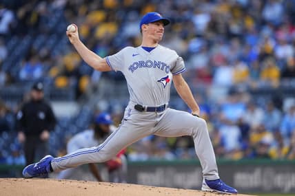 May 5, 2023; Pittsburgh, Pennsylvania, USA;  Toronto Blue Jays pitcher Chris Bassitt (40) delivers a pitch against the Pittsburgh Pirates during the first inning at PNC Park. Mandatory Credit: Gregory Fisher-USA TODAY Sports