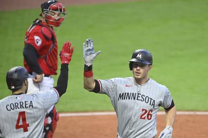 May 5, 2023; Cleveland, Ohio, USA; Minnesota Twins right fielder Max Kepler (26) celebrates his two-run home run in the sixth inning against the Cleveland Guardians at Progressive Field. Mandatory Credit: David Richard-USA TODAY Sports