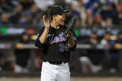 May 5, 2023; New York City, New York, USA; New York Mets starting pitcher Kodai Senga (34) reacts after the final out of the sixth inning against the Colorado Rockies at Citi Field. Mandatory Credit: Vincent Carchietta-USA TODAY Sports