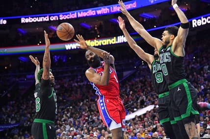 May 5, 2023; Philadelphia, Pennsylvania, USA; Philadelphia 76ers guard James Harden (1) passes the ball against Boston Celtics guard Marcus Smart (36), guard Derrick White (9) and forward Jayson Tatum (0) during the second quarter of game three of the 2023 NBA playoff at Wells Fargo Center. Mandatory Credit: Eric Hartline-USA TODAY Sports