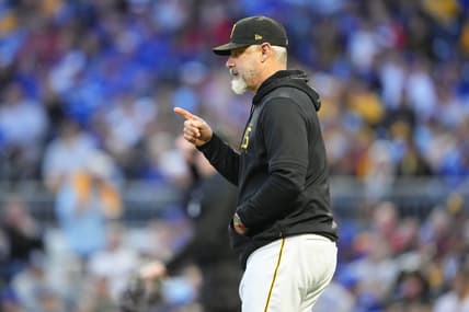 May 5, 2023; Pittsburgh, Pennsylvania, USA; Pittsburgh Pirates manager Derek Shelton (17) signals for a pitching change during the sixth inning against the Toronto Blue Jays at PNC Park. Mandatory Credit: Gregory Fisher-USA TODAY Sports