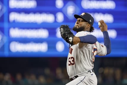 May 5, 2023; Seattle, Washington, USA; Houston Astros starting pitcher Cristian Javier (53) throws against the Seattle Mariners during the first inning at T-Mobile Park. Mandatory Credit: Joe Nicholson-USA TODAY Sports