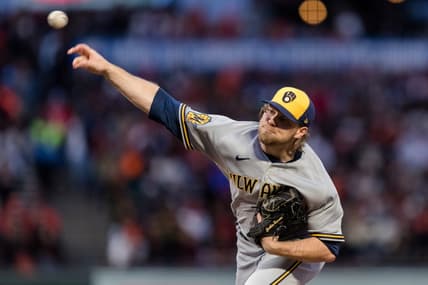 May 5, 2023; San Francisco, California, USA;  Milwaukee Brewers starting pitcher Corbin Burnes (39) throws against the San Francisco Giants during the first inning at Oracle Park. Mandatory Credit: John Hefti-USA TODAY Sports