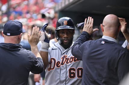 May 6, 2023; St. Louis, Missouri, USA;  Detroit Tigers left fielder Akil Baddoo (60) is congratulated by teammates after scoring against the St. Louis Cardinals during the fifth inning at Busch Stadium. Mandatory Credit: Jeff Curry-USA TODAY Sports