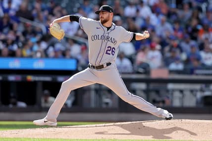 May 6, 2023; New York City, New York, USA; Colorado Rockies starting pitcher Austin Gomber (26) pitches against the New York Mets during the first inning at Citi Field. Mandatory Credit: Brad Penner-USA TODAY Sports