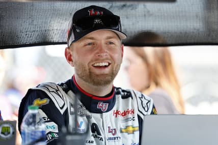 May 6, 2023; Kansas City, Kansas, USA; NASCAR Cup Series driver William Byron (24) during Cup Practice and Qualifying at Kansas Speedway. Mandatory Credit: Mike Dinovo-USA TODAY Sports