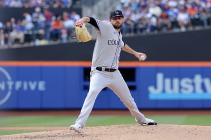 May 6, 2023; New York City, New York, USA; Colorado Rockies starting pitcher Austin Gomber (26) pitches against the New York Mets during the third inning at Citi Field. Mandatory Credit: Brad Penner-USA TODAY Sports