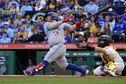 May 6, 2023; Pittsburgh, Pennsylvania, USA; Toronto Blue Jays designated hitter Alejandro Kirk (30) hits an RBI double against the Pittsburgh Pirates during the first inning at PNC Park. Mandatory Credit: Gregory Fisher-USA TODAY Sports