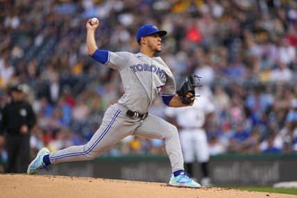 May 6, 2023; Pittsburgh, Pennsylvania, USA; Toronto Blue Jays pitcher Jose Berrios (17) delivers a pitch against the Pittsburgh Pirates during the first inning at PNC Park. Mandatory Credit: Gregory Fisher-USA TODAY Sports