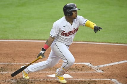 May 6, 2023; Cleveland, Ohio, USA; Cleveland Guardians third baseman Jose Ramirez (11) hits a single against the Minnesota Twins in the fourth inning at Progressive Field. Mandatory Credit: David Richard-USA TODAY Sports