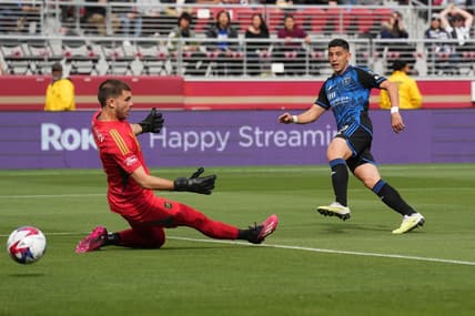 May 6, 2023; Santa Clara, California, USA; San Jose Earthquakes forward Cristian Espinoza (10) scores a goal against Los Angeles FC goalkeeper John McCarthy (77)  during the first half at Levi's Stadium. Mandatory Credit: Darren Yamashita-USA TODAY Sports