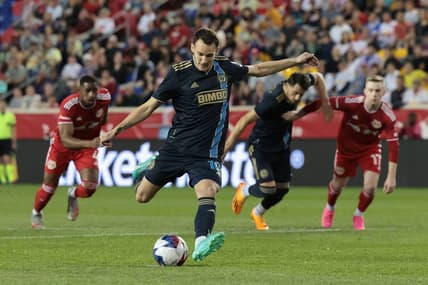 May 6, 2023; Harrison, New Jersey, USA; Philadelphia Union midfielder Deniel Gazdag (10) scores a penalty kick goal during the first half at Red Bull Arena. Mandatory Credit: Vincent Carchietta-USA TODAY Sports