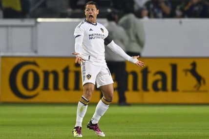 May 6, 2023; Carson, California, USA; Los Angeles Galaxy forward Javier Hernandez (14) reacts during the first half against the Colorado Rapids at Dignity Health Sports Park. Mandatory Credit: Jayne Kamin-Oncea-USA TODAY Sports