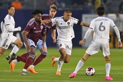May 6, 2023; Carson, California, USA; Colorado Rapids midfielder Ralph Priso (97) and Los Angeles Galaxy forward Dejan Joveljic (9) battle for the ball during the first half at Dignity Health Sports Park. Mandatory Credit: Jayne Kamin-Oncea-USA TODAY Sports