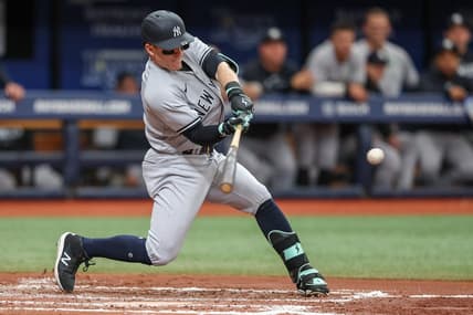 May 7, 2023; St. Petersburg, Florida, USA;  New York Yankees center fielder Harrison Bader (22) hits a tw0 run home run against the Tampa Bay Rays in the third inning at Tropicana Field. Mandatory Credit: Nathan Ray Seebeck-USA TODAY Sports