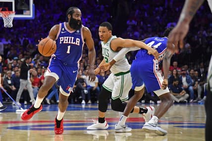 May 7, 2023; Philadelphia, Pennsylvania, USA; Philadelphia 76ers guard James Harden (1) drives past Boston Celtics guard Malcolm Brogdon (13) during the second quarter of game four of the 2023 NBA playoffs at Wells Fargo Center. Mandatory Credit: Eric Hartline-USA TODAY Sports