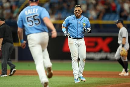 May 7, 2023; St. Petersburg, Florida, USA;  Tampa Bay Rays third baseman Isaac Paredes (17) hits a walk off single against the New York Yankees in the tenth inning at Tropicana Field. Mandatory Credit: Nathan Ray Seebeck-USA TODAY Sports