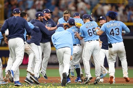 May 7, 2023; St. Petersburg, Florida, USA;  Tampa Bay Rays third baseman Isaac Paredes (17) celebrates after a walk off hit against the New York Yankees in the tenth inning at Tropicana Field. Mandatory Credit: Nathan Ray Seebeck-USA TODAY Sports