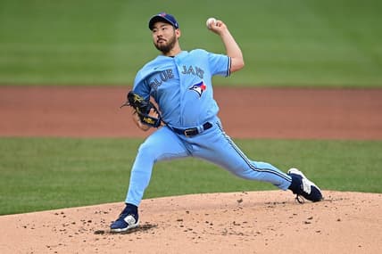 May 7, 2023; Pittsburgh, Pennsylvania, USA; Toronto Blue Jays starting pitcher Yusei Kikuchi (16) throws a pitch during the first inning against the Pittsburgh Pirates at PNC Park. Mandatory Credit: David Dermer-USA TODAY Sports