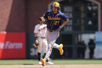 May 7, 2023; San Francisco, California, USA; Milwaukee Brewers shortstop Willy Adames (27) rounds the bases after hitting a home run against the San Francisco Giants during the fifth inning at Oracle Park. Mandatory Credit: Darren Yamashita-USA TODAY Sports