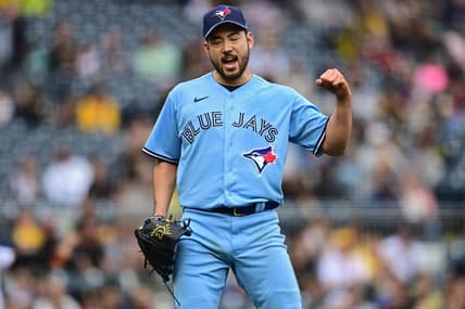May 7, 2023; Pittsburgh, Pennsylvania, USA; Toronto Blue Jays starting pitcher Yusei Kikuchi (16) reacts after a ground out by Pittsburgh Pirates shortstop Rodolfo Castro (14) during the sixth inning at PNC Park. Mandatory Credit: David Dermer-USA TODAY Sports
