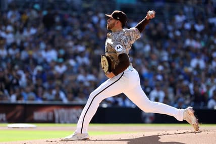 May 7, 2023; San Diego, California, USA;  San Diego Padres starting pitcher Joe Musgrove (44) throws a pitch during the first inning against the Los Angeles Dodgers at Petco Park. Mandatory Credit: Kiyoshi Mio-USA TODAY Sports