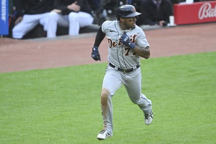 May 8, 2023; Cleveland, Ohio, USA; Detroit Tigers second baseman Andy Ibanez (77) runs the bases while scoring in the fourth inning against the Cleveland Guardians at Progressive Field. Mandatory Credit: David Richard-USA TODAY Sports