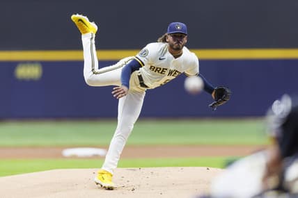 May 8, 2023; Milwaukee, Wisconsin, USA;  Milwaukee Brewers pitcher Freddy Peralta (51) throws a pitch during the first inning against the Los Angeles Dodgers at American Family Field. Mandatory Credit: Jeff Hanisch-USA TODAY Sports
