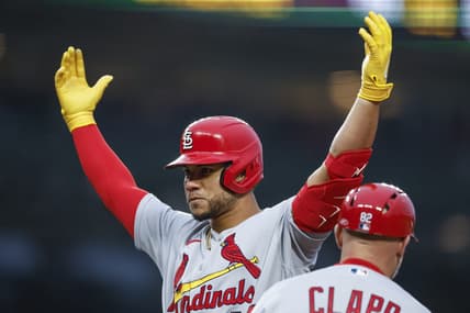 May 8, 2023; Chicago, Illinois, USA; St. Louis Cardinals catcher Willson Contreras (40) reacts after hitting a single against the Chicago Cubs during the second inning at Wrigley Field. Mandatory Credit: Kamil Krzaczynski-USA TODAY Sports