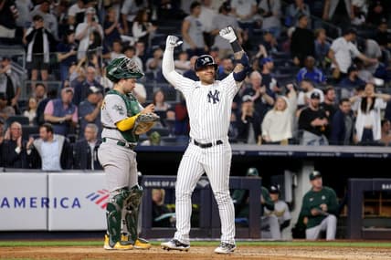 May 8, 2023; Bronx, New York, USA; New York Yankees second baseman Gleyber Torres (25) reacts after hitting a solo home run against the Oakland Athletics during the sixth inning at Yankee Stadium. Mandatory Credit: Brad Penner-USA TODAY Sports