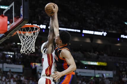 May 8, 2023; Miami, Florida, USA; Miami Heat forward Jimmy Butler (22) blocks a dunk attempt from New York Knicks guard Quentin Grimes (6) in the second quarter during game four of the 2023 NBA playoffs at Kaseya Center. Mandatory Credit: Sam Navarro-USA TODAY Sports