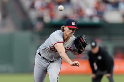 May 8, 2023; San Francisco, California, USA;  Washington Nationals starting pitcher Jake Irvin (74) throws against the San Francisco Giants during the third inning at Oracle Park. Mandatory Credit: John Hefti-USA TODAY Sports