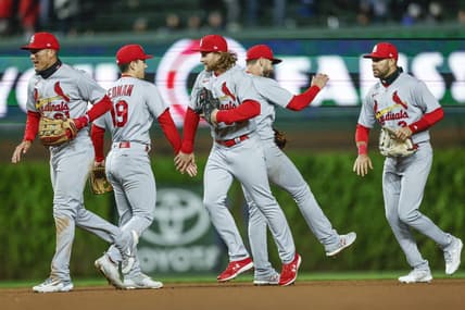 May 8, 2023; Chicago, Illinois, USA; St. Louis Cardinals players celebrate after defeating the Chicago Cubs at Wrigley Field. Mandatory Credit: Kamil Krzaczynski-USA TODAY Sports