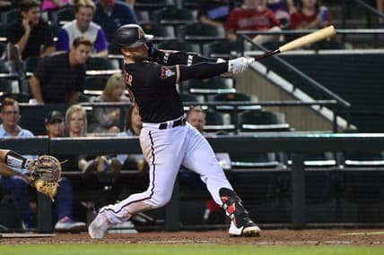 May 8, 2023; Phoenix, Arizona, USA;  Arizona Diamondbacks first baseman Christian Walker (53) hits a solo home run in the sixth inning against the Miami Marlins at Chase Field. Mandatory Credit: Matt Kartozian-USA TODAY Sports