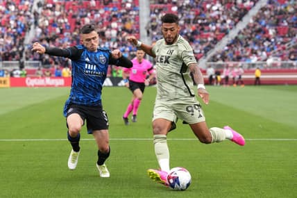 May 6, 2023; Santa Clara, California, USA; Los Angeles FC forward Denis Bouanga (99) shoots against San Jose Earthquakes defender Paul Marie (3) during the second half at Levi's Stadium. Mandatory Credit: Darren Yamashita-USA TODAY Sports