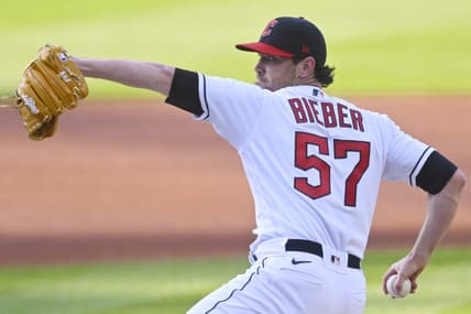 May 9, 2023; Cleveland, Ohio, USA; Cleveland Guardians starting pitcher Shane Bieber (57) delivers a pitch in the first inning against the Detroit Tigers at Progressive Field. Mandatory Credit: David Richard-USA TODAY Sports