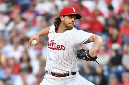 May 9, 2023; Philadelphia, Pennsylvania, USA; Philadelphia Phillies starting pitcher Aaron Nola (27) throws a pitch during the third inning against the Toronto Blue Jays at Citizens Bank Park. Mandatory Credit: Eric Hartline-USA TODAY Sports