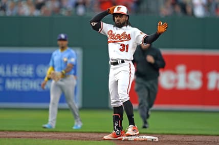 May 9, 2023; Baltimore, Maryland, USA; Baltimore Orioles outfielder Cedric Mullins (31) reacts following his double in the third inning against the Tampa Bay Rays at Oriole Park at Camden Yards. Mandatory Credit: Mitch Stringer-USA TODAY Sports